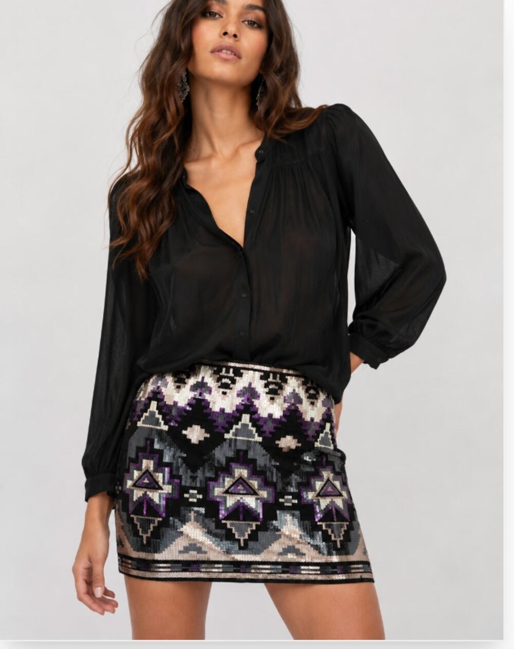 Express Aztec Sequin Mini Skirt Black Purple Silver Geometric Festival Party S